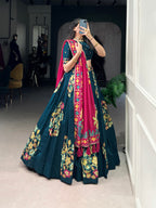 Lorenvalley Teal Tussar Silk Printed And Foil Work With Lace Touch Up Lehenga Choli with Dupatta