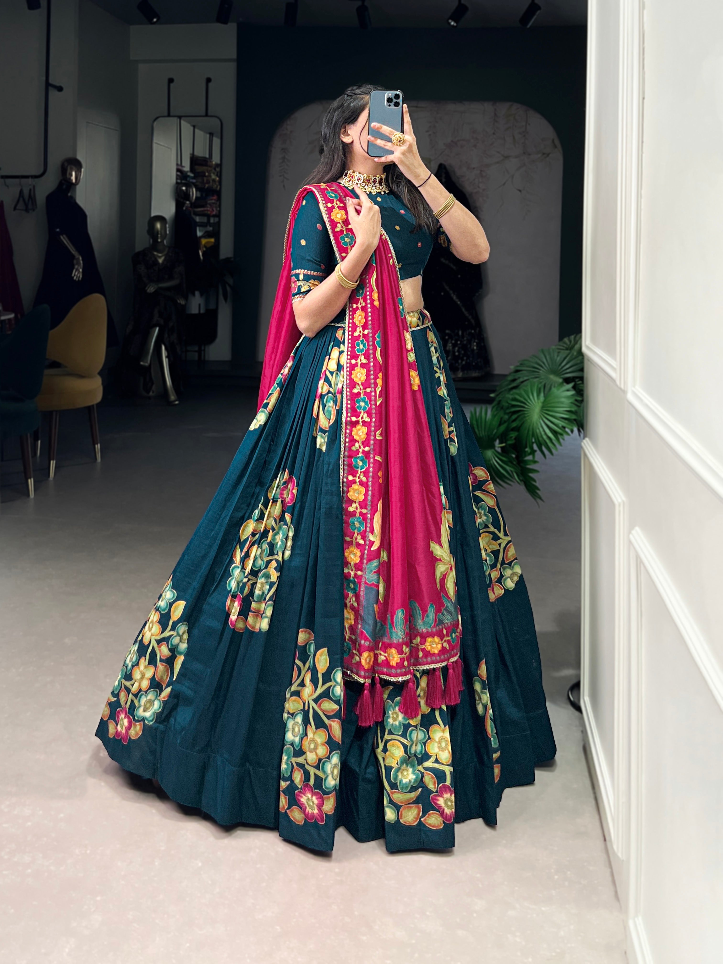 Lorenvalley Teal Tussar Silk Printed And Foil Work With Lace Touch Up Lehenga Choli with Dupatta