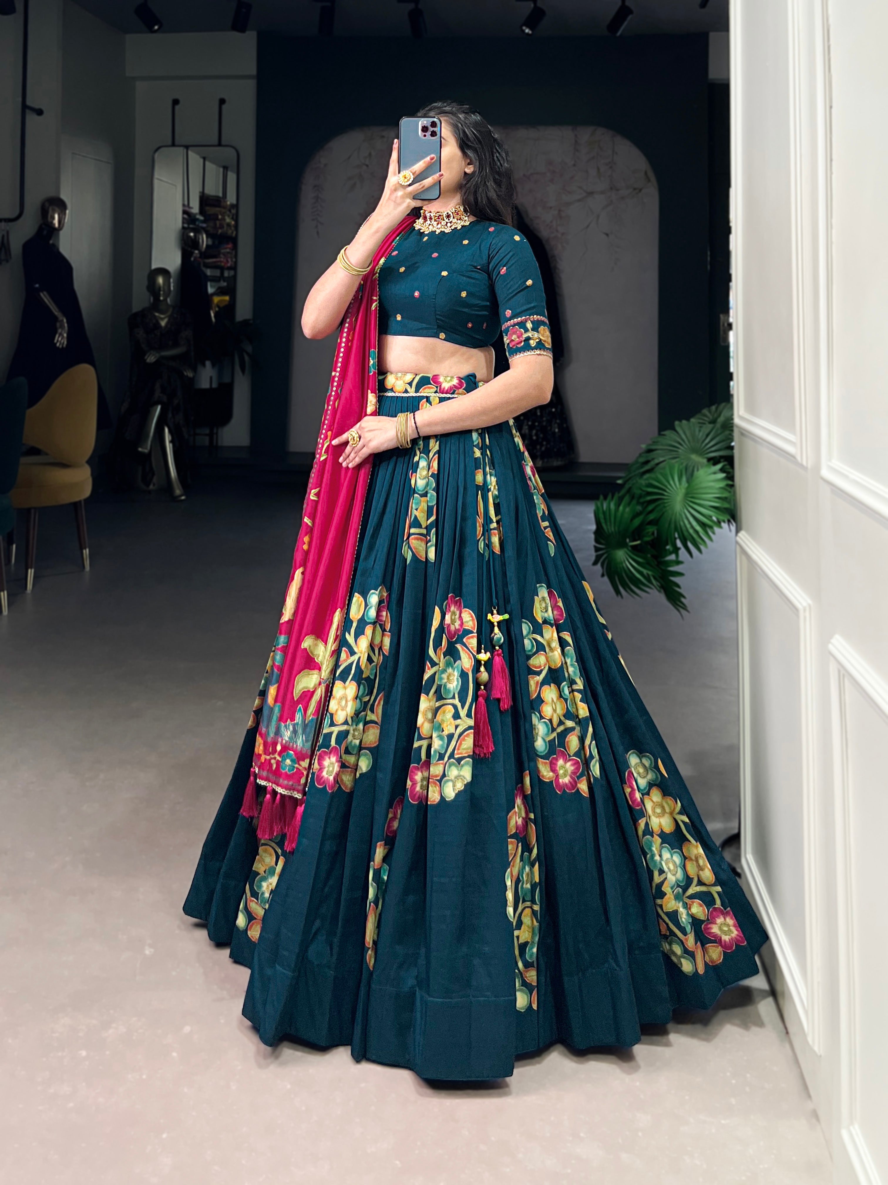 Lorenvalley Teal Tussar Silk Printed And Foil Work With Lace Touch Up Lehenga Choli with Dupatta