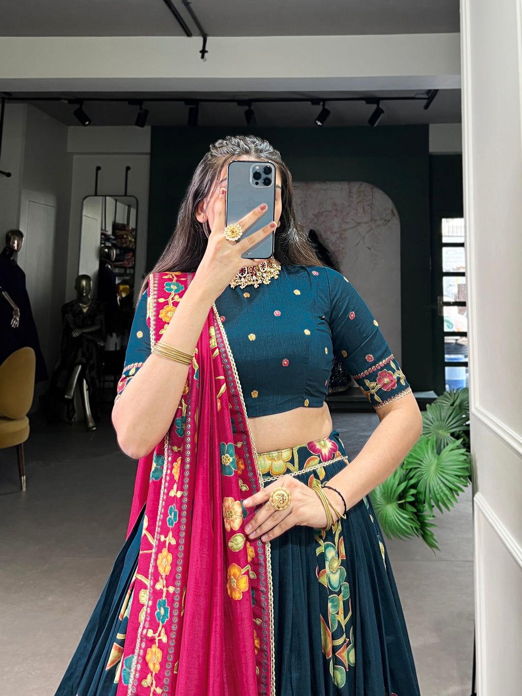 Lorenvalley Teal Tussar Silk Printed And Foil Work With Lace Touch Up Lehenga Choli with Dupatta