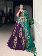 Lorenvalley Purple Tussar Silk Printed And Foil Work With Lace Touch Up Lehenga Choli with Dupatta