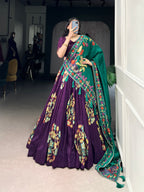 Lorenvalley Purple Tussar Silk Printed And Foil Work With Lace Touch Up Lehenga Choli with Dupatta