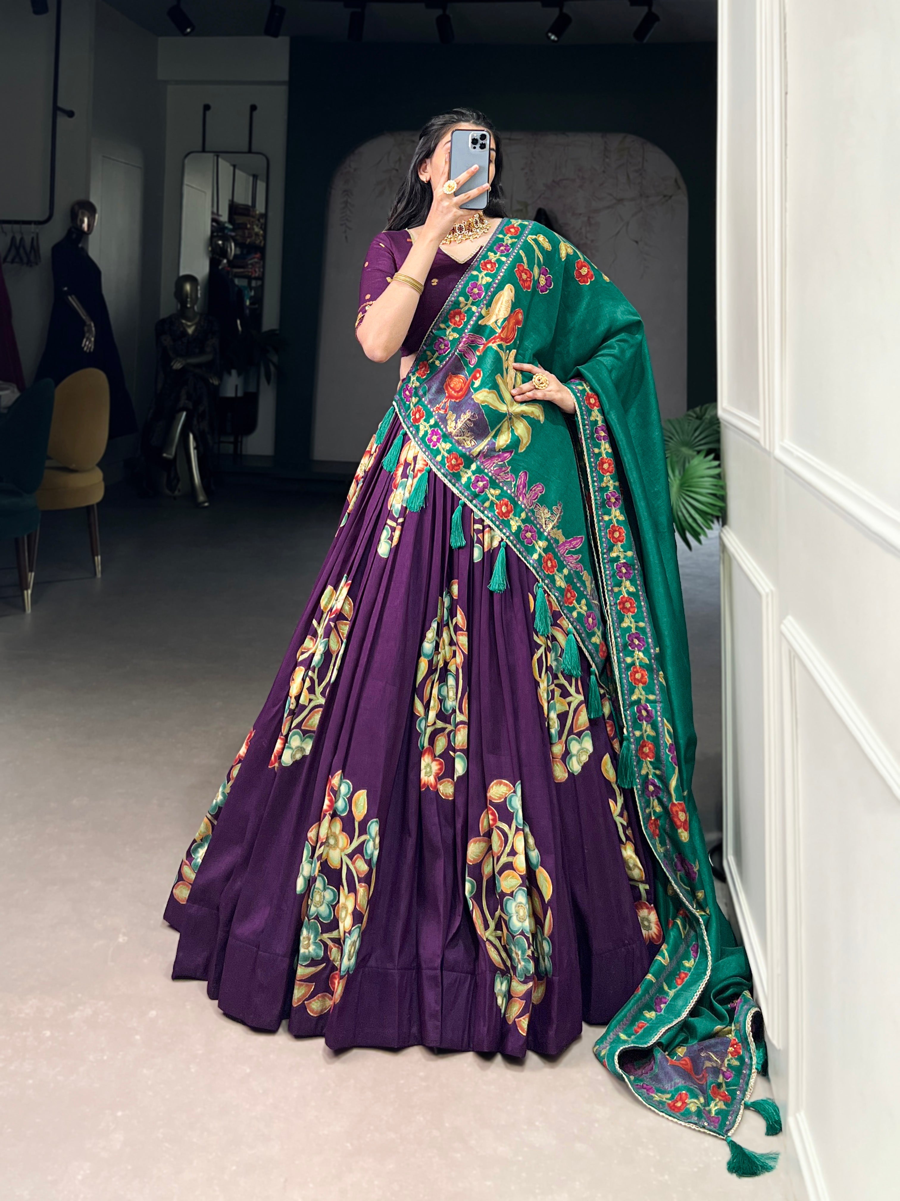 Lorenvalley Purple Tussar Silk Printed And Foil Work With Lace Touch Up Lehenga Choli with Dupatta
