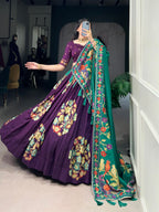 Lorenvalley Purple Tussar Silk Printed And Foil Work With Lace Touch Up Lehenga Choli with Dupatta