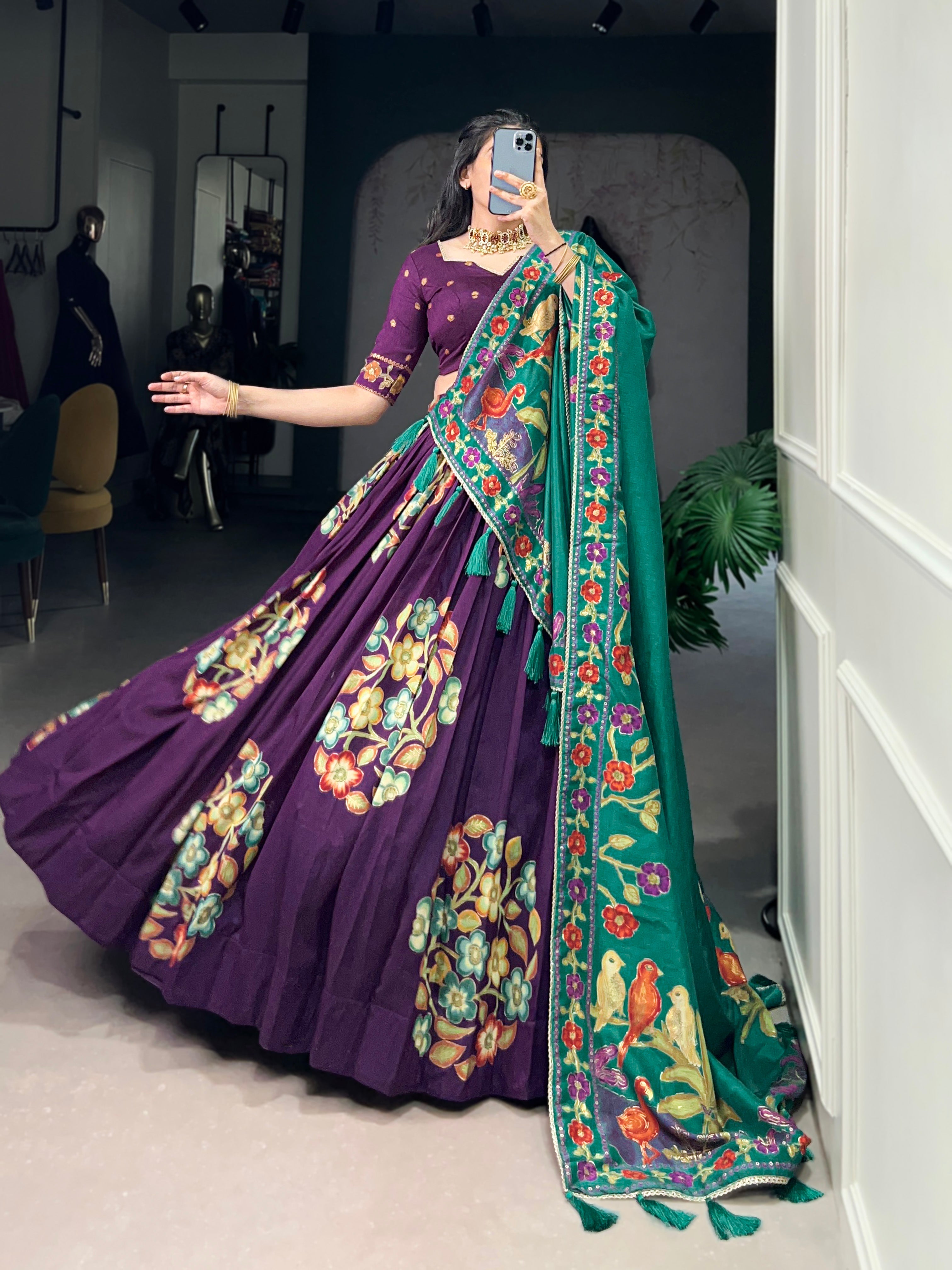 Lorenvalley Purple Tussar Silk Printed And Foil Work With Lace Touch Up Lehenga Choli with Dupatta