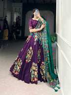Lorenvalley Purple Tussar Silk Printed And Foil Work With Lace Touch Up Lehenga Choli with Dupatta