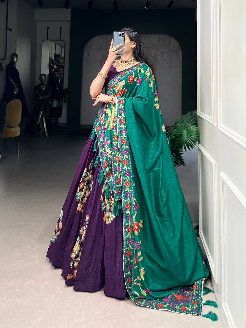Lorenvalley Purple Tussar Silk Printed And Foil Work With Lace Touch Up Lehenga Choli with Dupatta