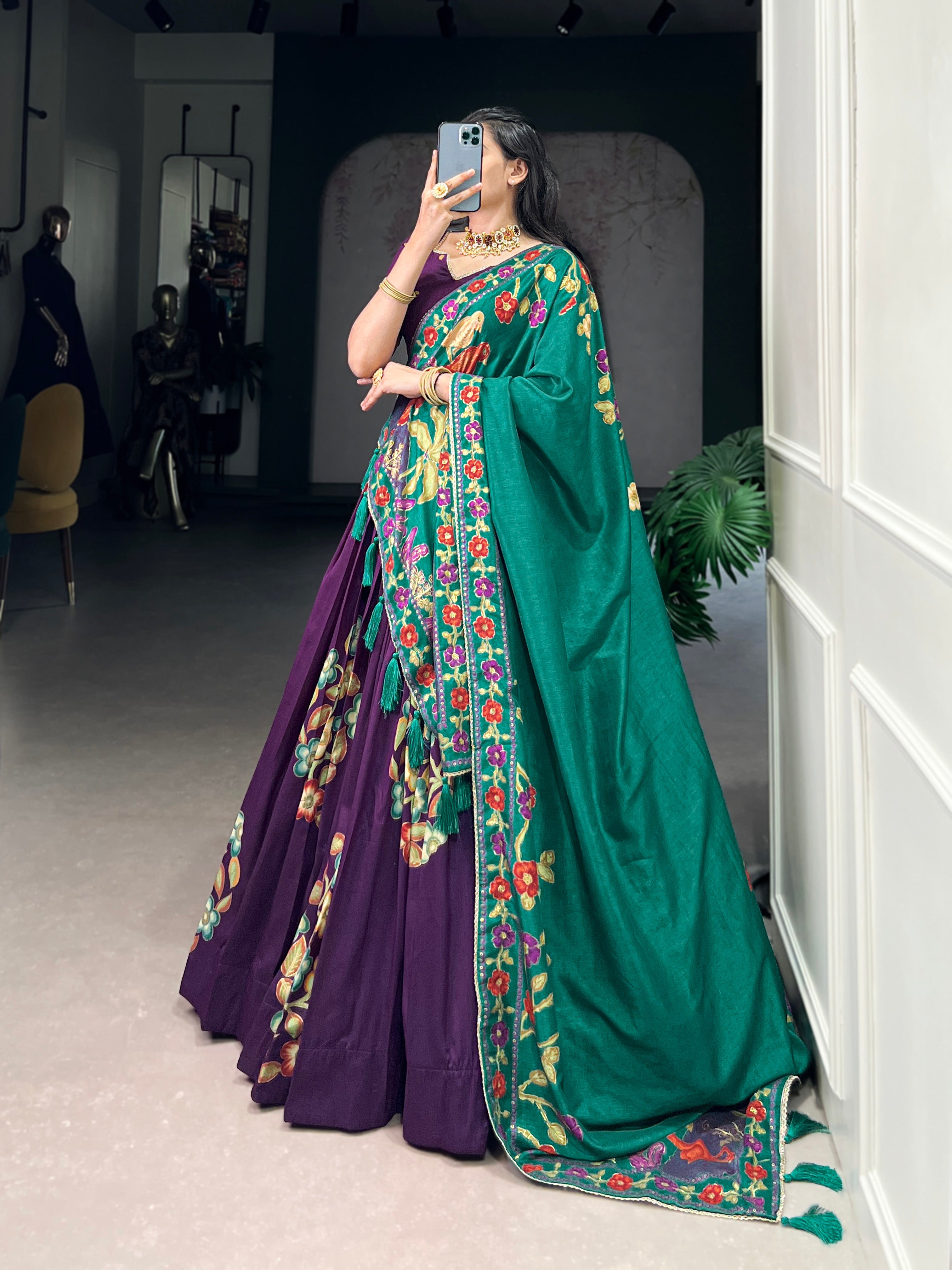Lorenvalley Purple Tussar Silk Printed And Foil Work With Lace Touch Up Lehenga Choli with Dupatta