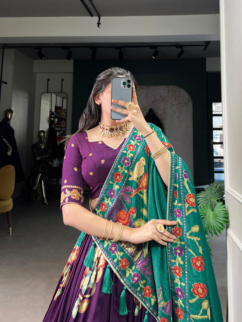 Lorenvalley Purple Tussar Silk Printed And Foil Work With Lace Touch Up Lehenga Choli with Dupatta