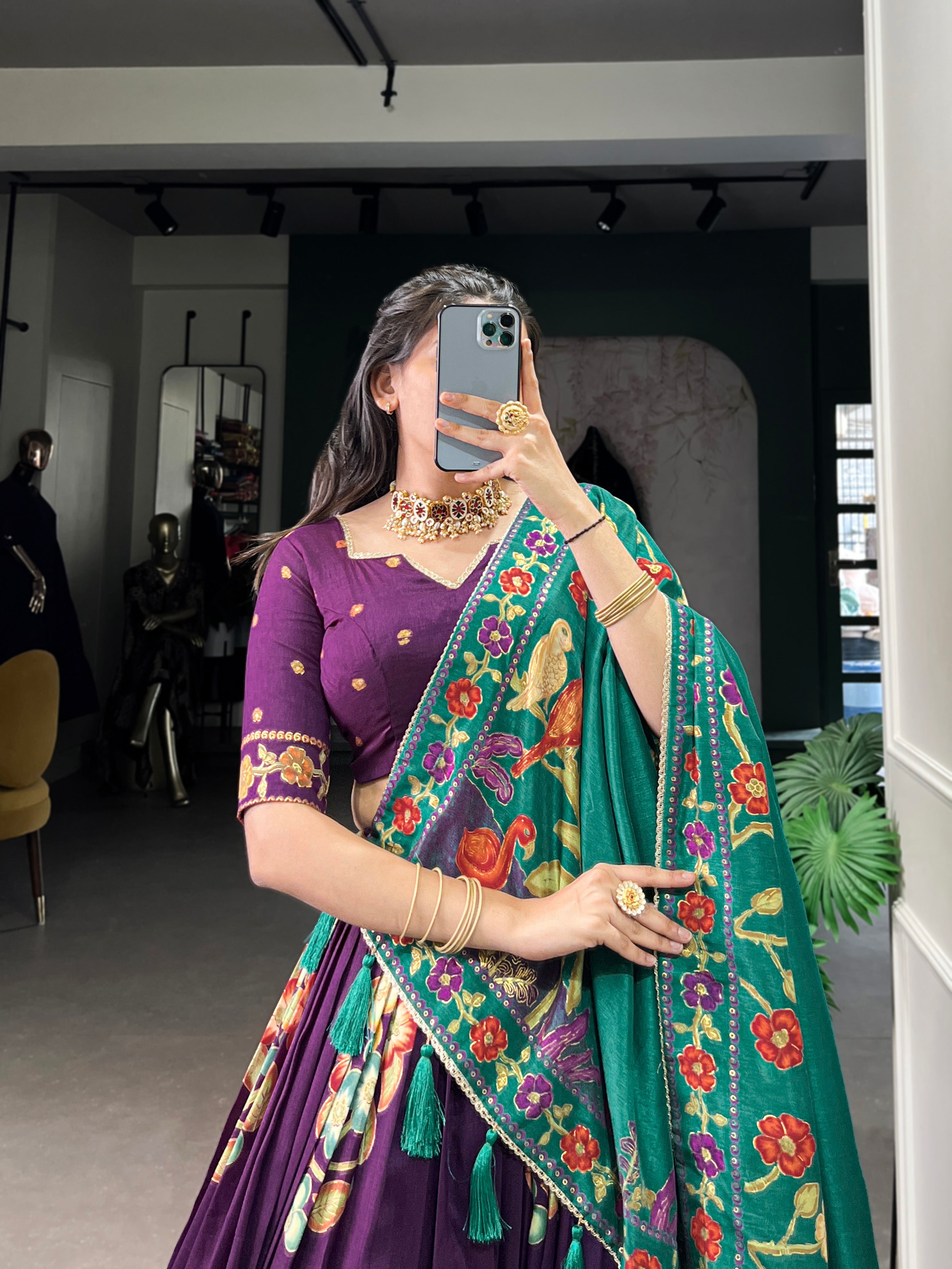 Lorenvalley Purple Tussar Silk Printed And Foil Work With Lace Touch Up Lehenga Choli with Dupatta