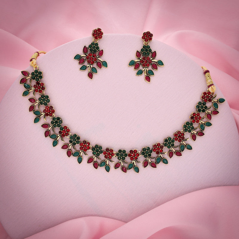 Tehzeeb Creations Green And Maroon Pack of 1 Gold-Polished Choker Necklace Set With Earring For Women & Girls