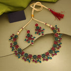 Tehzeeb Creations Green And Maroon Pack of 1 Gold-Polished Choker Necklace Set With Earring For Women & Girls