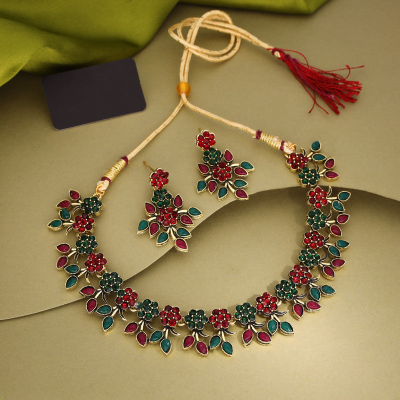 Tehzeeb Creations Green And Maroon Pack of 1 Gold-Polished Choker Necklace Set With Earring For Women & Girls