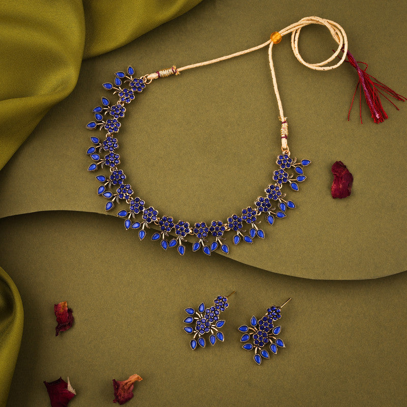 Tehzeeb Creations Royal Blue Pack of 1 Gold-Polished Choker Necklace Set With Earring For Women & Girls