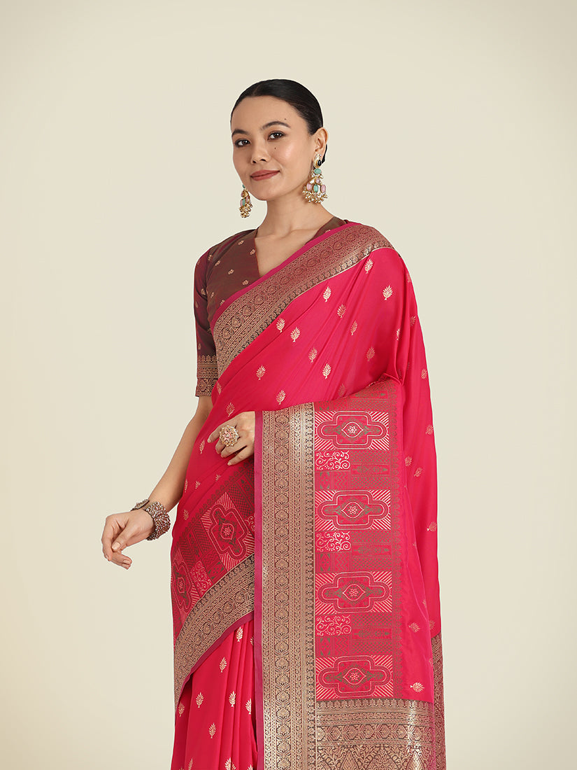 Monjolika Fashion Pink Color Banarasi Soft Silk Trendy Saree - Distacart
