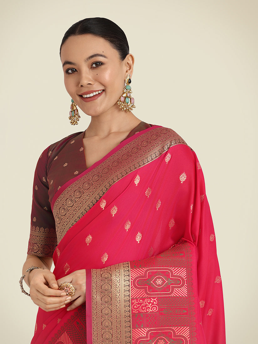 Monjolika Fashion Pink Color Banarasi Soft Silk Trendy Saree - Distacart