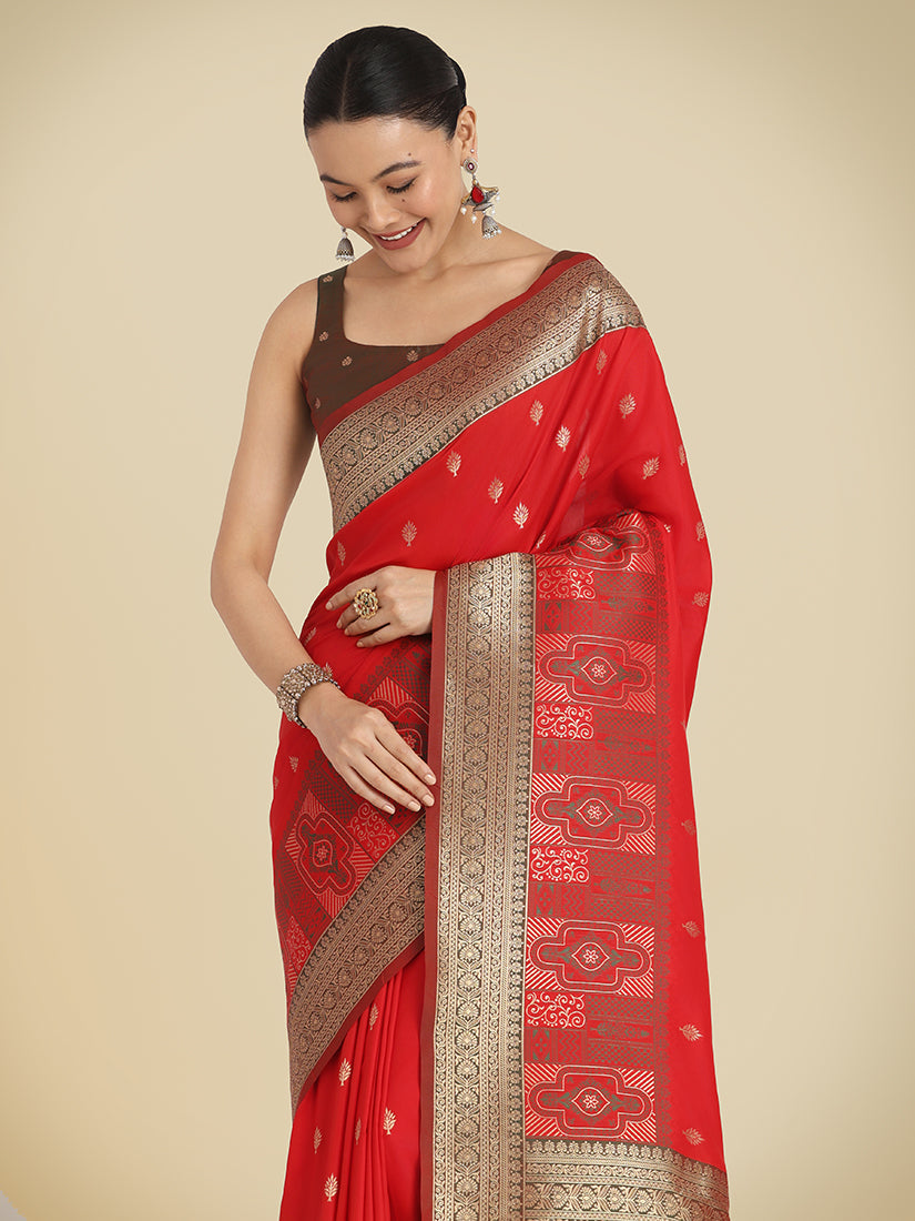 Monjolika Fashion Red Color Banarasi Soft Silk Trendy Saree - Distacart