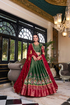 Lorenvalley Green Kanchipuram Printed With Zari Weaving Work Lehenga Choli with Dupatta
