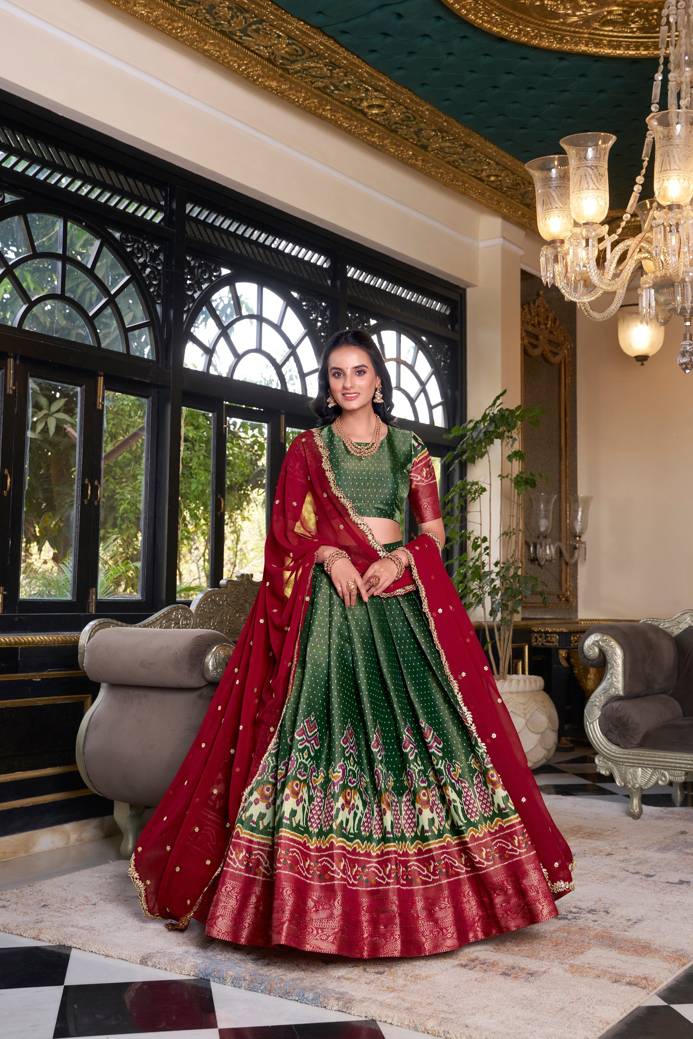 Lorenvalley Green Kanchipuram Printed With Zari Weaving Work Lehenga Choli with Dupatta