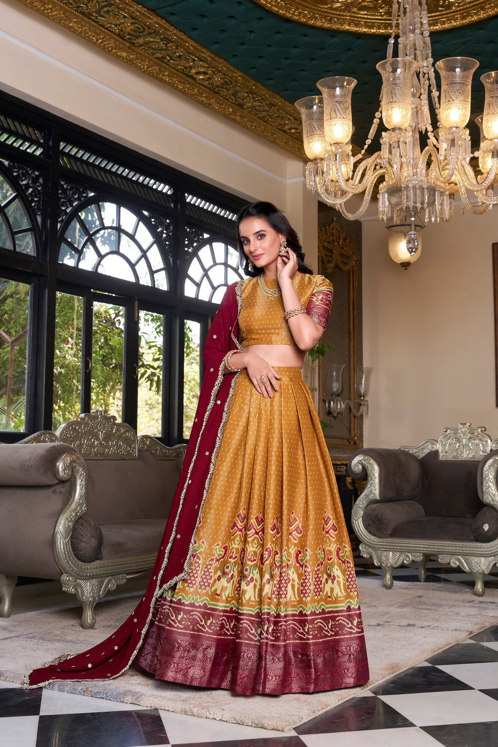 Lorenvalley Mustard Kanchipuram Printed With Zari Weaving Work Lehenga Choli with Dupatta