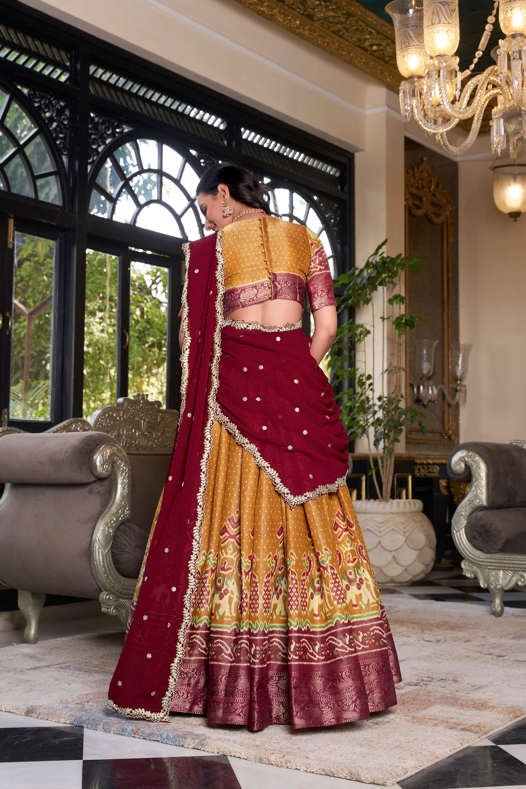 Lorenvalley Mustard Kanchipuram Printed With Zari Weaving Work Lehenga Choli with Dupatta