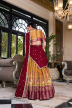 Lorenvalley Mustard Kanchipuram Printed With Zari Weaving Work Lehenga Choli with Dupatta