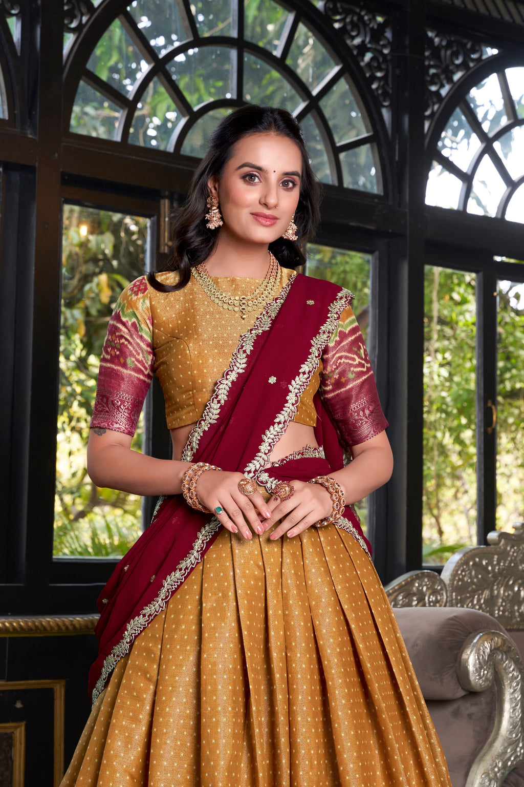 Lorenvalley Mustard Kanchipuram Printed With Zari Weaving Work Lehenga Choli with Dupatta