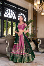 Lorenvalley Pink Kanchipuram Printed With Zari Weaving Work Lehenga Choli with Dupatta