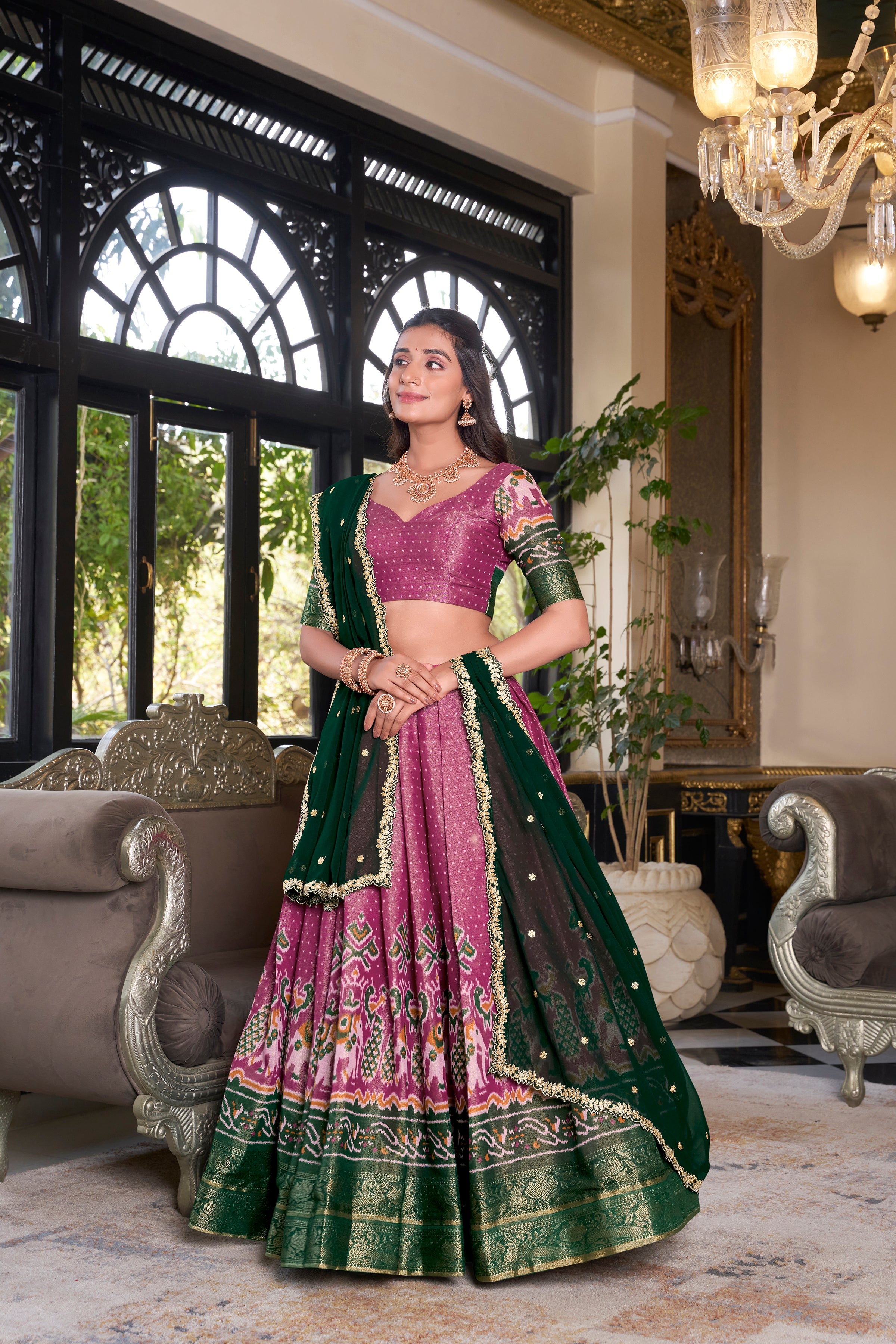 Lorenvalley Pink Kanchipuram Printed With Zari Weaving Work Lehenga Choli with Dupatta