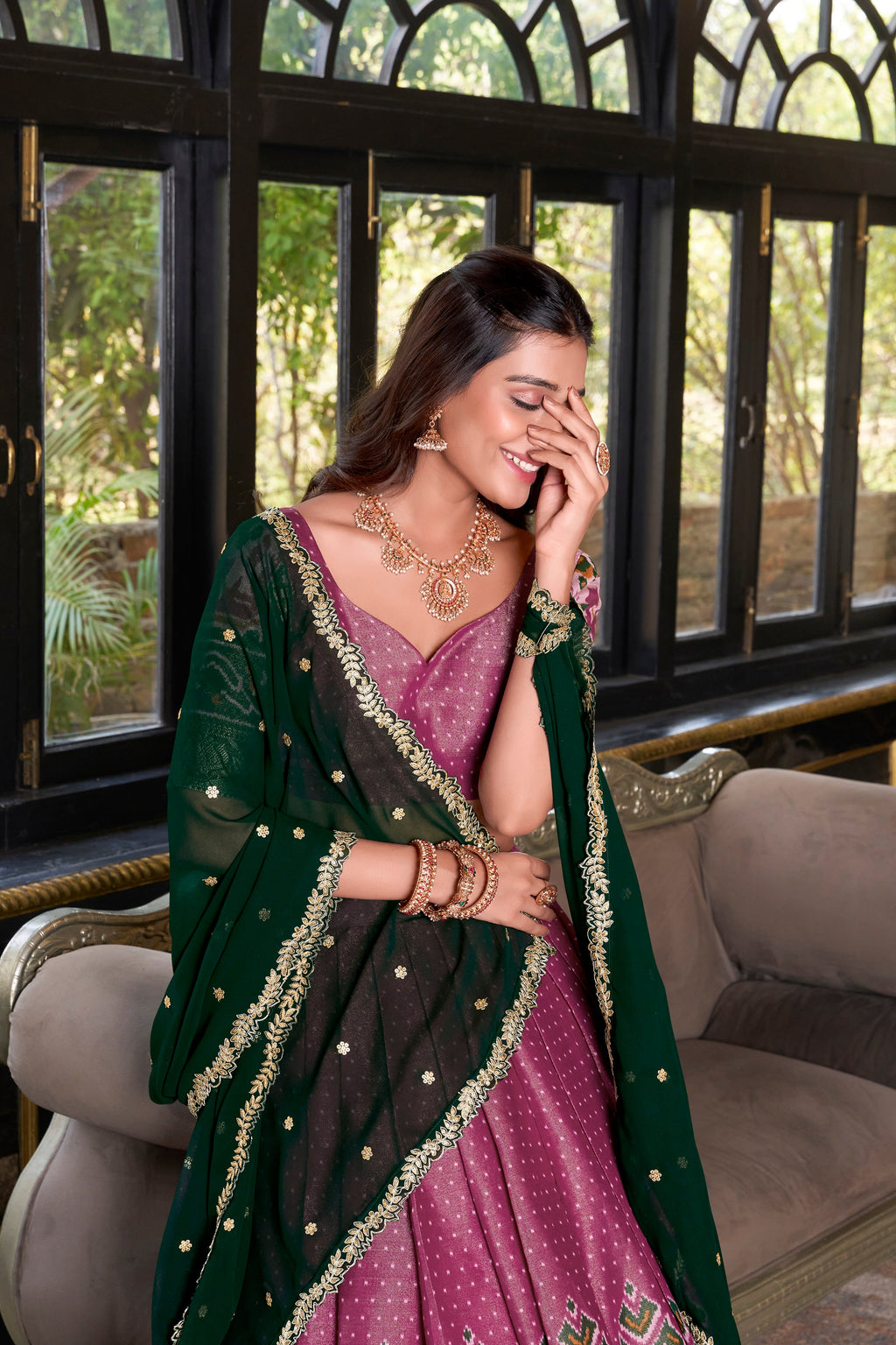 Lorenvalley Pink Kanchipuram Printed With Zari Weaving Work Lehenga Choli with Dupatta