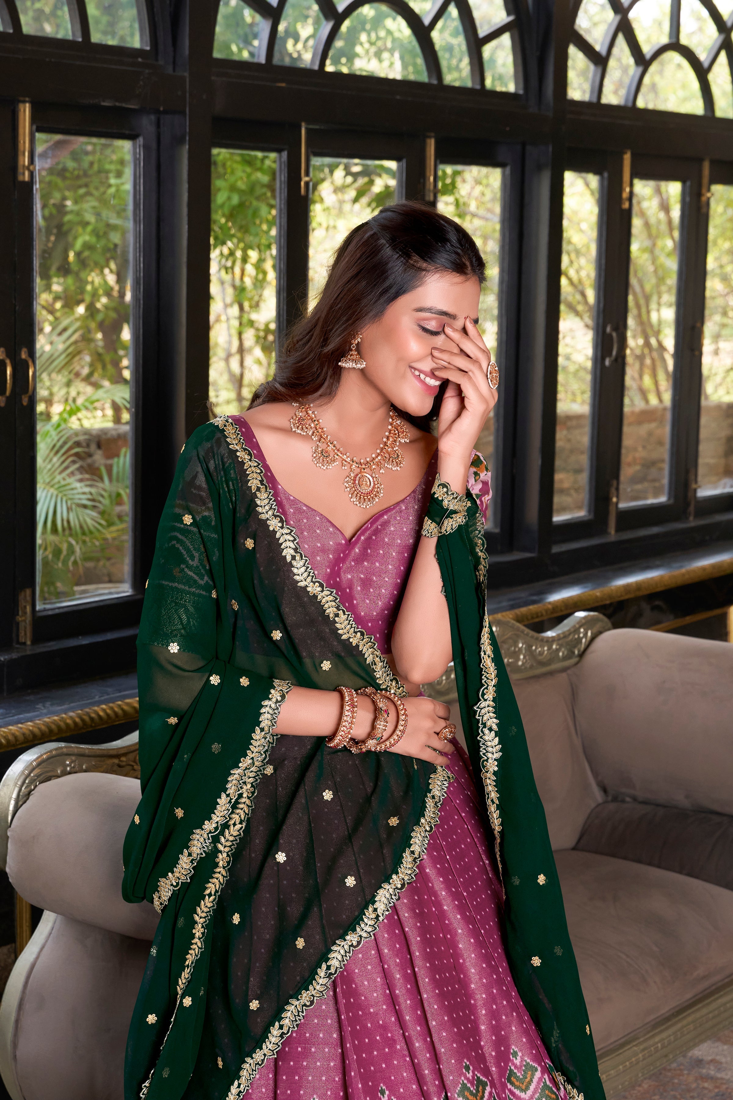 Lorenvalley Pink Kanchipuram Printed With Zari Weaving Work Lehenga Choli with Dupatta