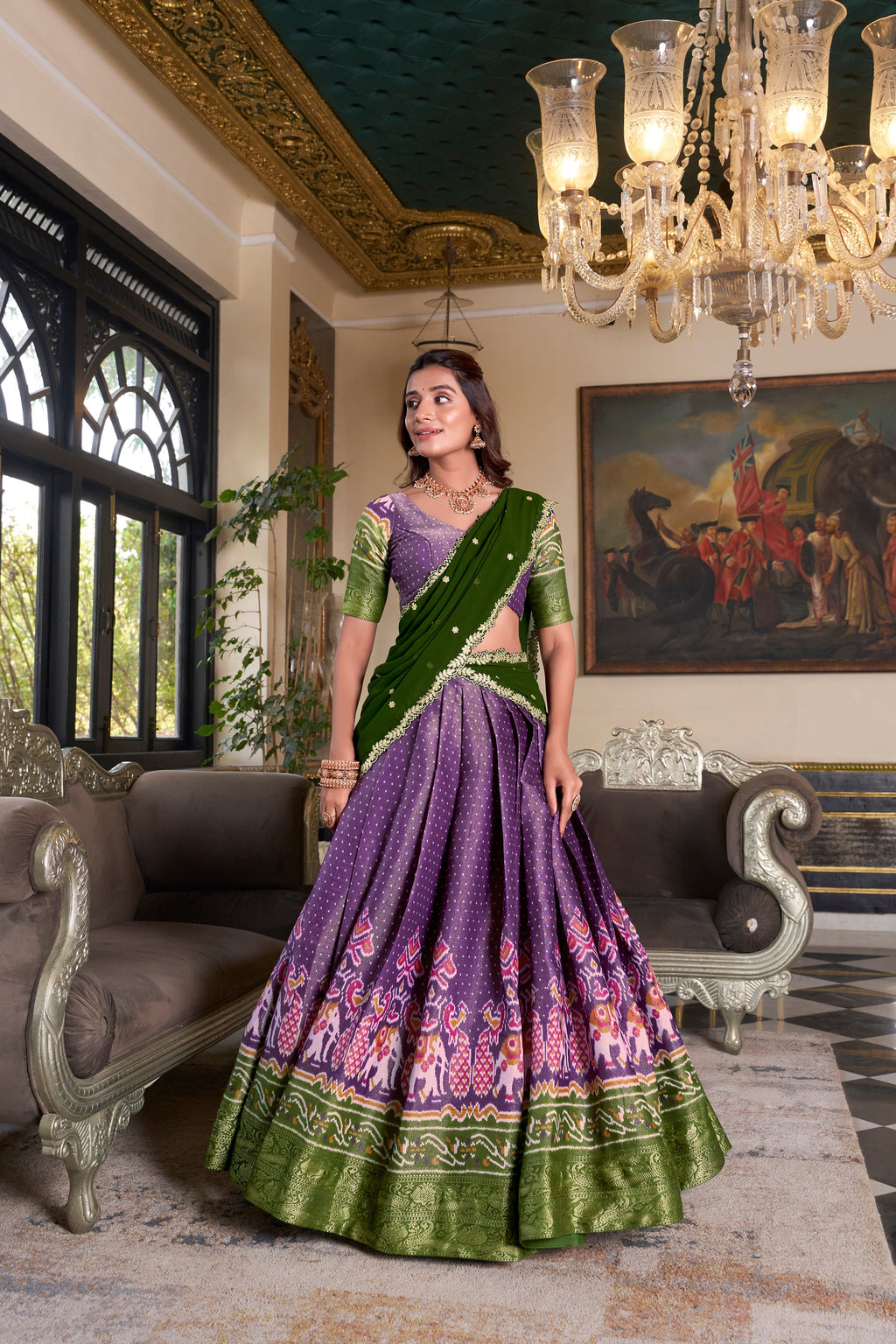 Lorenvalley Purple Kanchipuram Printed With Zari Weaving Work Lehenga Choli with Dupatta