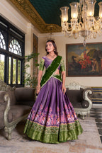 Lorenvalley Purple Kanchipuram Printed With Zari Weaving Work Lehenga Choli with Dupatta