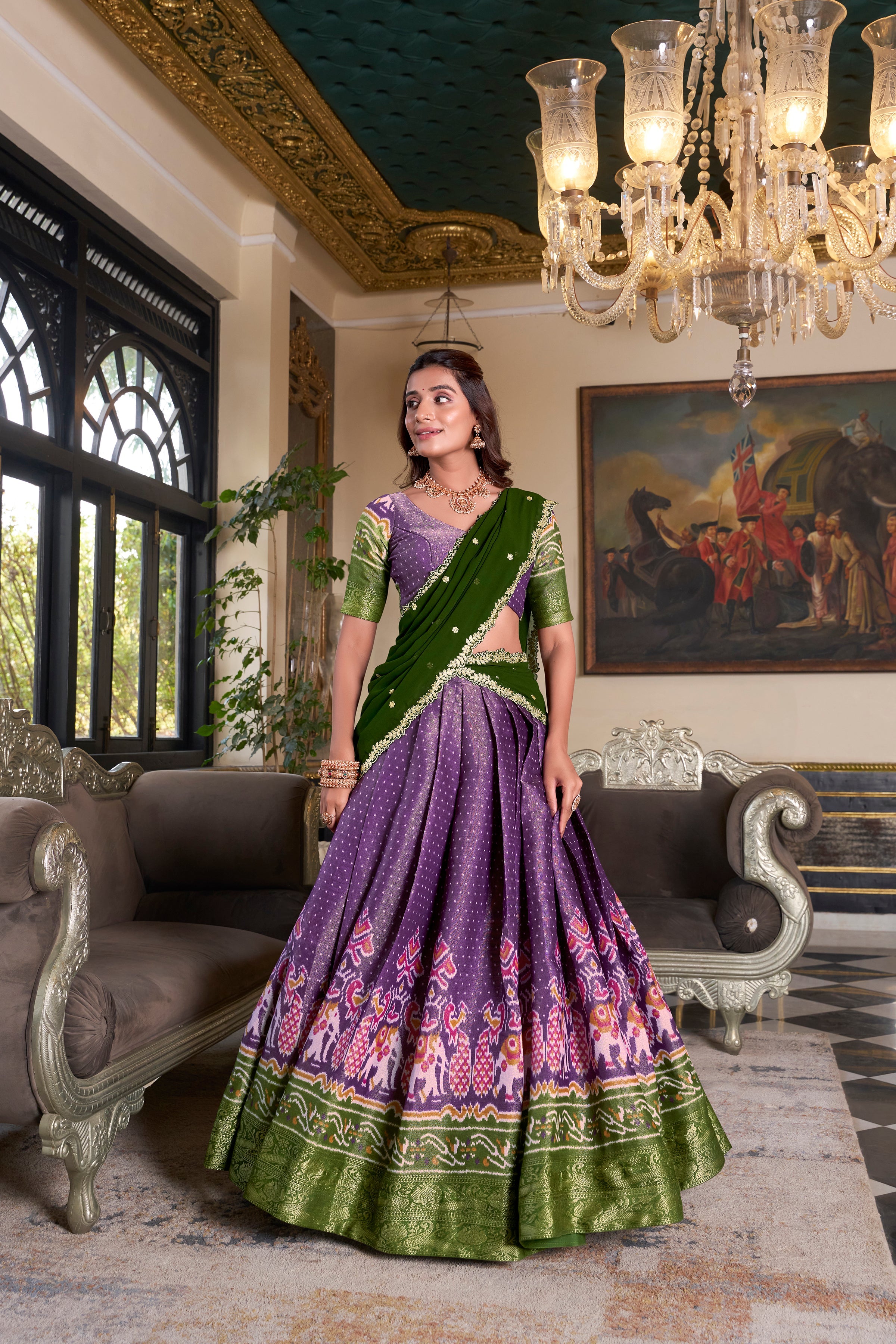 Lorenvalley Purple Kanchipuram Printed With Zari Weaving Work Lehenga Choli with Dupatta