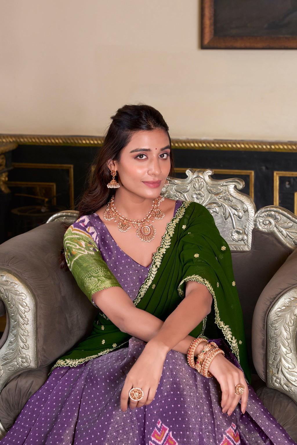 Lorenvalley Purple Kanchipuram Printed With Zari Weaving Work Lehenga Choli with Dupatta