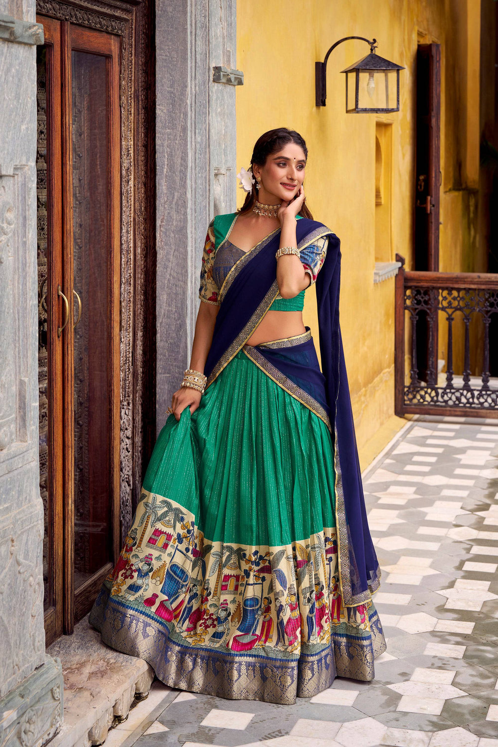 Lorenvalley Fashion Multicolor Poly Chanderi Zari Stripe Kalamkari Printed With Zari Weaving Work Lehenga Choli with Dupatta