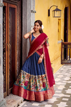 Lorenvalley Fashion Multicolor Poly Chanderi Zari Stripe Kalamkari Printed With Zari Weaving Work Lehenga Choli with Dupatta