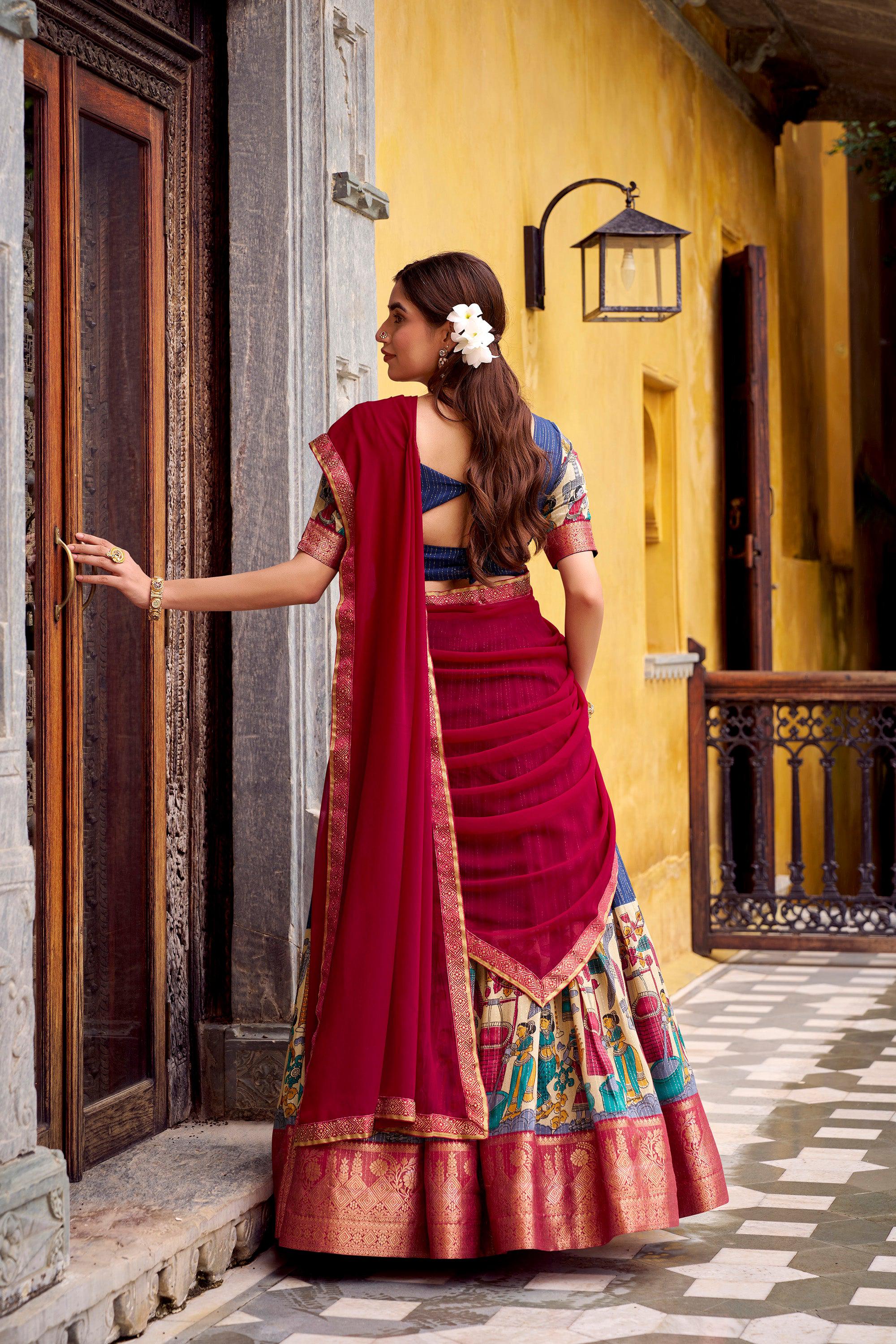 Lorenvalley Fashion Multicolor Poly Chanderi Zari Stripe Kalamkari Printed With Zari Weaving Work Lehenga Choli with Dupatta