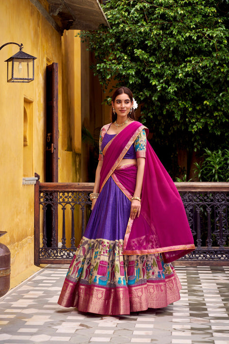 Lorenvalley Fashion Multicolor Poly Chanderi Zari Stripe Kalamkari Printed With Zari Weaving Work Lehenga Choli with Dupatta
