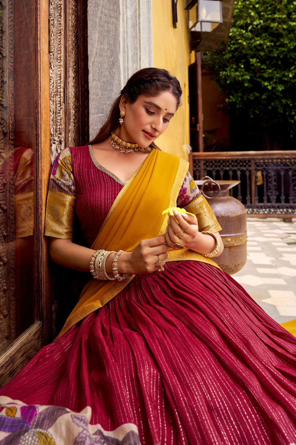 Lorenvalley Fashion Multicolor Poly Chanderi Zari Stripe Kalamkari Printed With Zari Weaving Work Lehenga Choli with Dupatta