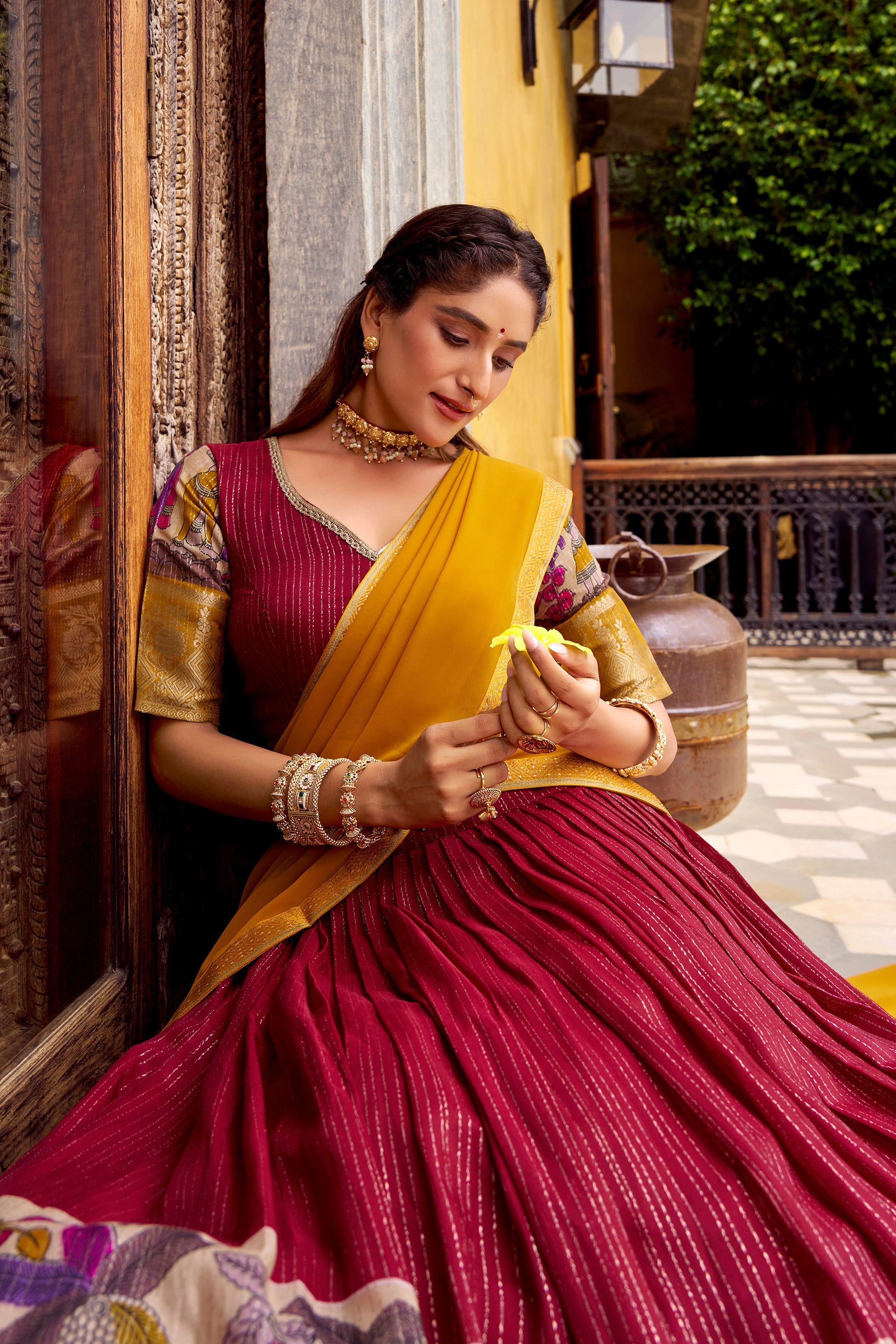 Lorenvalley Fashion Multicolor Poly Chanderi Zari Stripe Kalamkari Printed With Zari Weaving Work Lehenga Choli with Dupatta