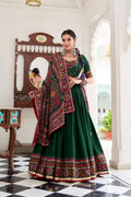 Lorenvalley Fashion Green Tasar Silk Gamthi Print With Embossed Design And Gotta Patti Lace Touch Up Lehenga Choli with Dupatta