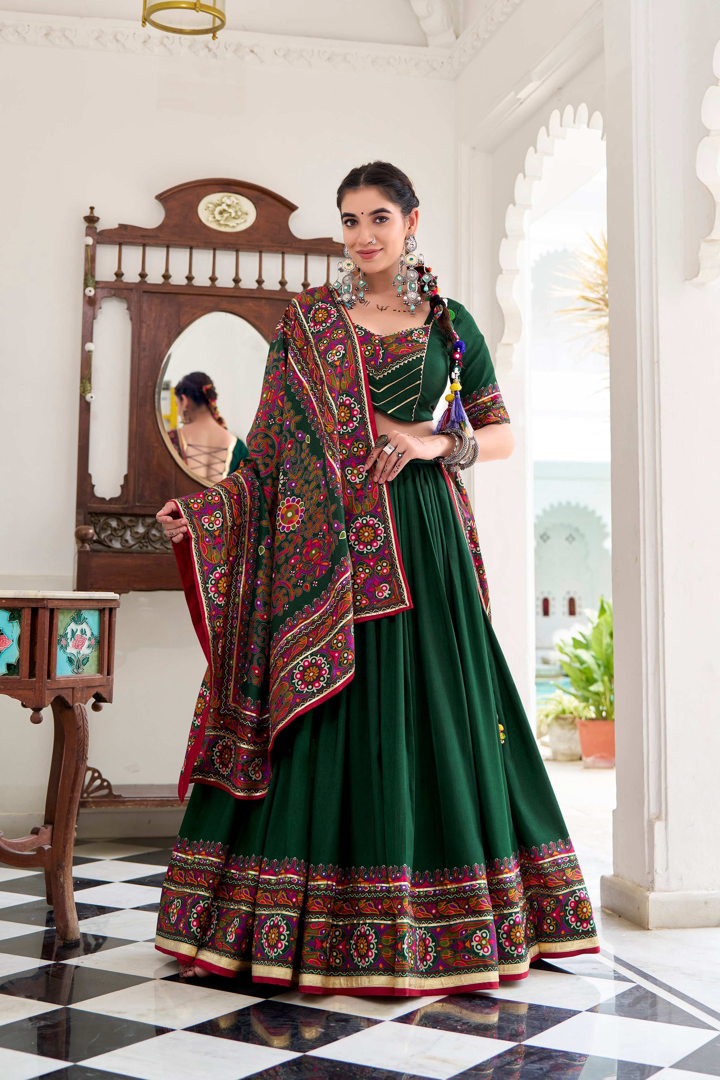 Lorenvalley Fashion Green Tasar Silk Gamthi Print With Embossed Design And Gotta Patti Lace Touch Up Lehenga Choli with Dupatta