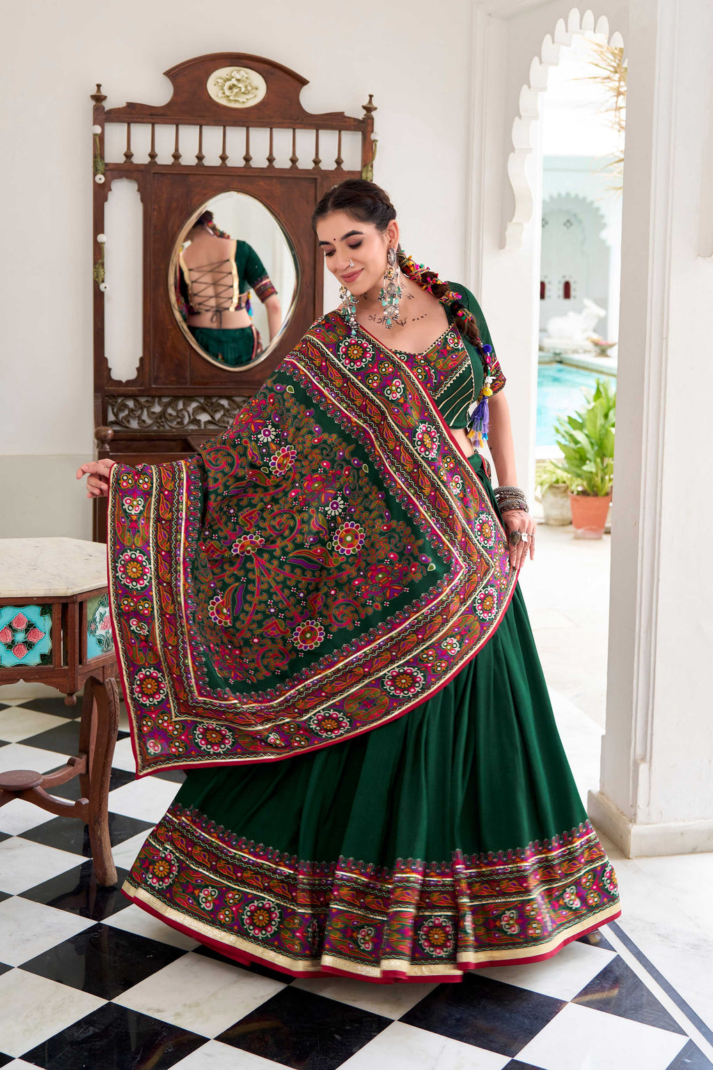 Lorenvalley Fashion Green Tasar Silk Gamthi Print With Embossed Design And Gotta Patti Lace Touch Up Lehenga Choli with Dupatta