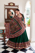 Lorenvalley Fashion Green Tasar Silk Gamthi Print With Embossed Design And Gotta Patti Lace Touch Up Lehenga Choli with Dupatta