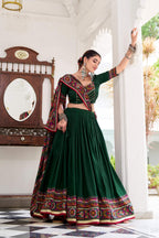 Lorenvalley Fashion Green Tasar Silk Gamthi Print With Embossed Design And Gotta Patti Lace Touch Up Lehenga Choli with Dupatta