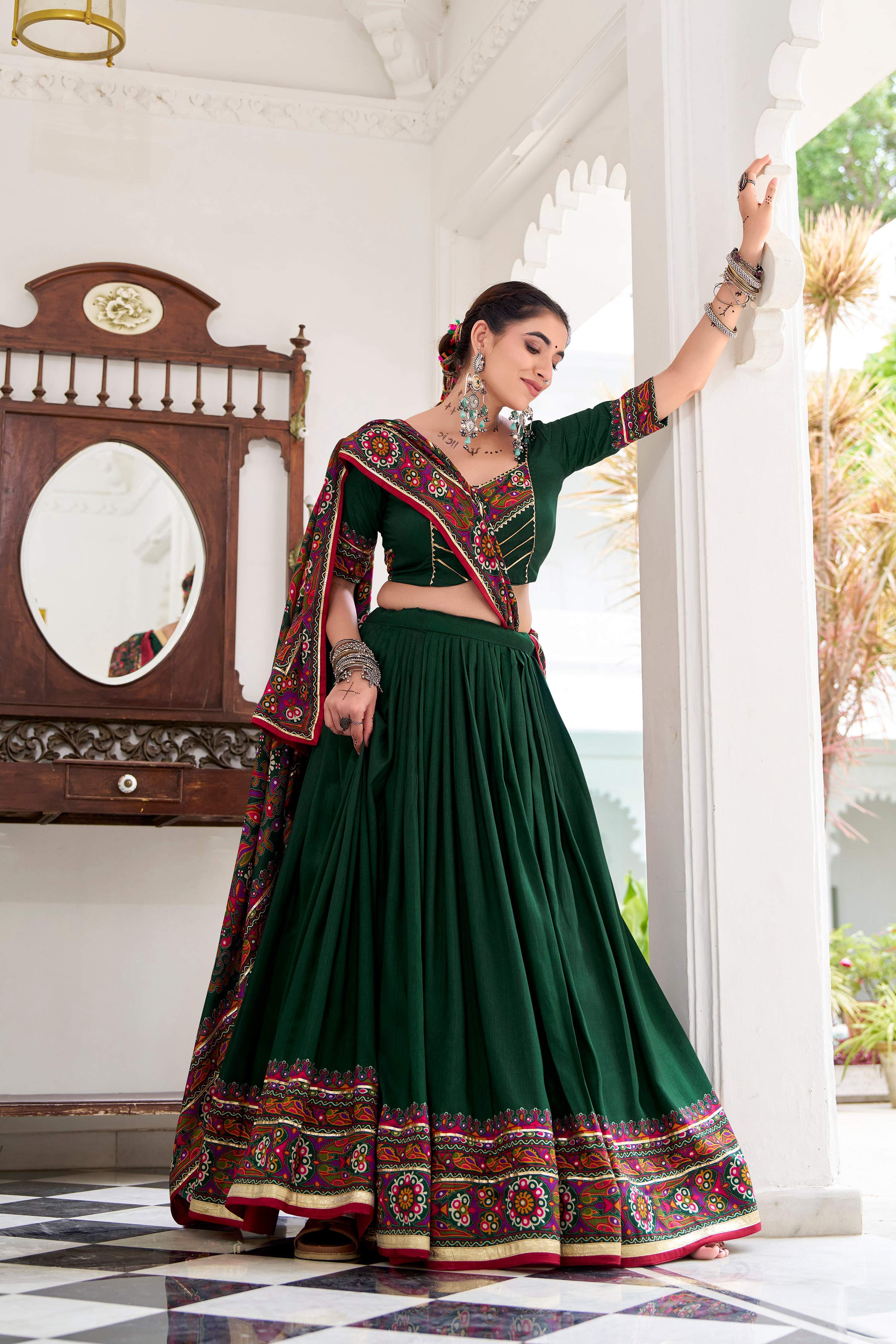 Lorenvalley Fashion Green Tasar Silk Gamthi Print With Embossed Design And Gotta Patti Lace Touch Up Lehenga Choli with Dupatta