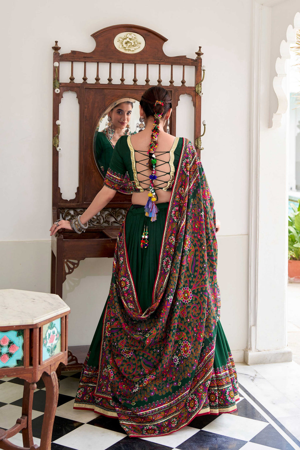 Lorenvalley Fashion Green Tasar Silk Gamthi Print With Embossed Design And Gotta Patti Lace Touch Up Lehenga Choli with Dupatta