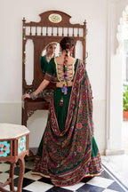 Lorenvalley Fashion Green Tasar Silk Gamthi Print With Embossed Design And Gotta Patti Lace Touch Up Lehenga Choli with Dupatta