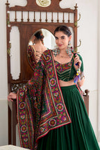Lorenvalley Fashion Green Tasar Silk Gamthi Print With Embossed Design And Gotta Patti Lace Touch Up Lehenga Choli with Dupatta